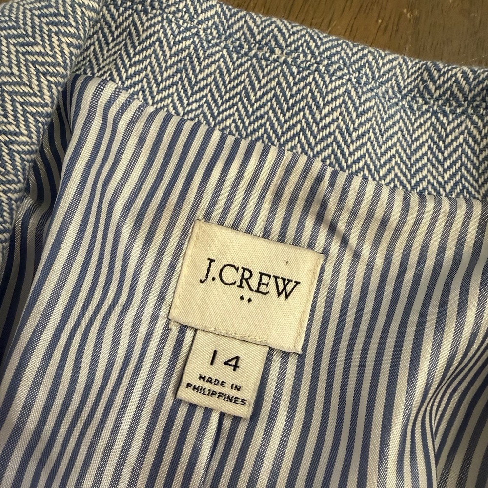 J. Crew Blazer Jacket Women's 14 Blue Herringbone One Button Linen Cotton Blend - Picture 2 of 13